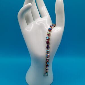 Vintage Red Rhinestone Bracelet, Aurora Borealis, 1950s Vintage Jewelry, 7 Inch